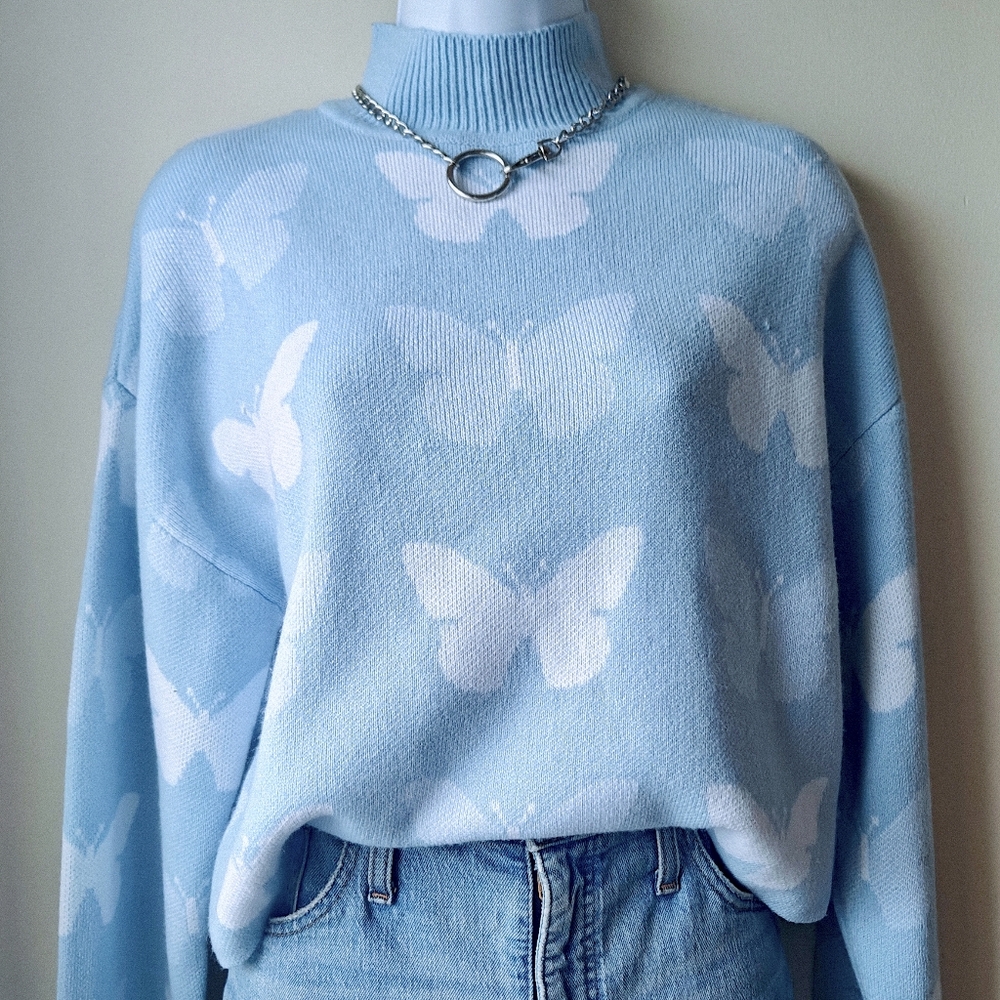 H&M Blue Butterfly Turtleneck Sweater